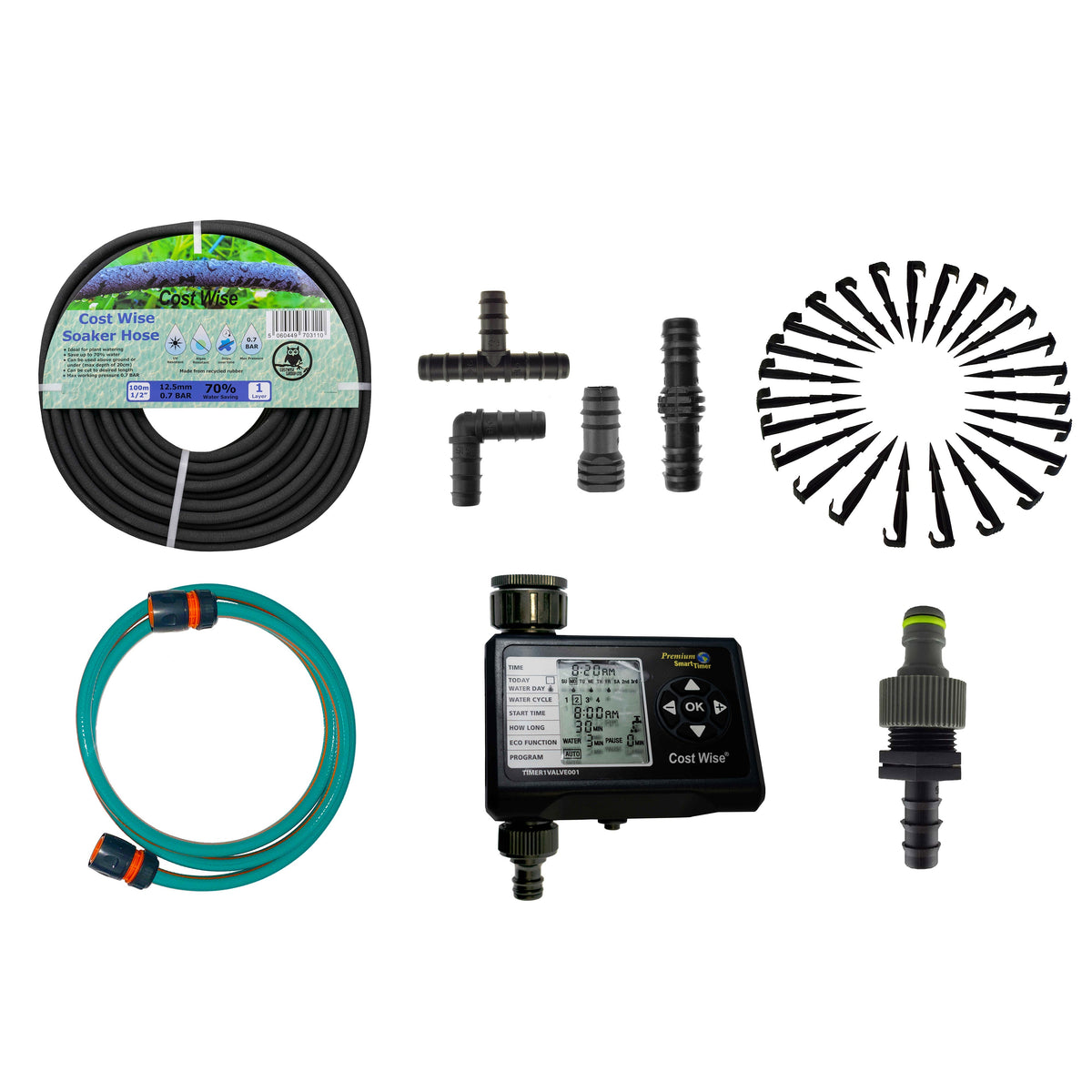 100m Soaker Hose Kit with Timer, 5m Hose & Fittings