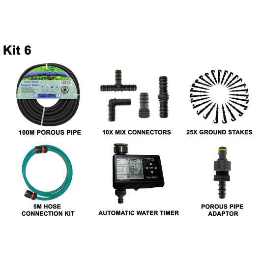 100m Soaker Hose Kit with Timer, 5m Hose & Fittings; supplied components shown.