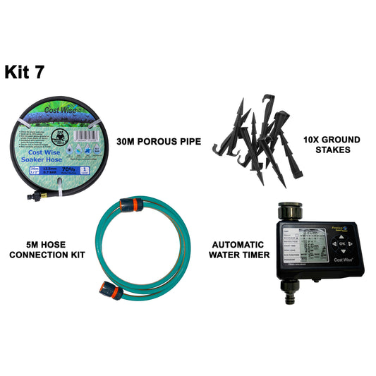 30m Soaker Hose Kit with Water Timer & 5m Connection Hose; supplied components shown.