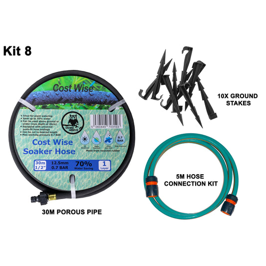 30m Soaker Hose Kit with 5m Connection Hose & Stakes; supplied components shown.