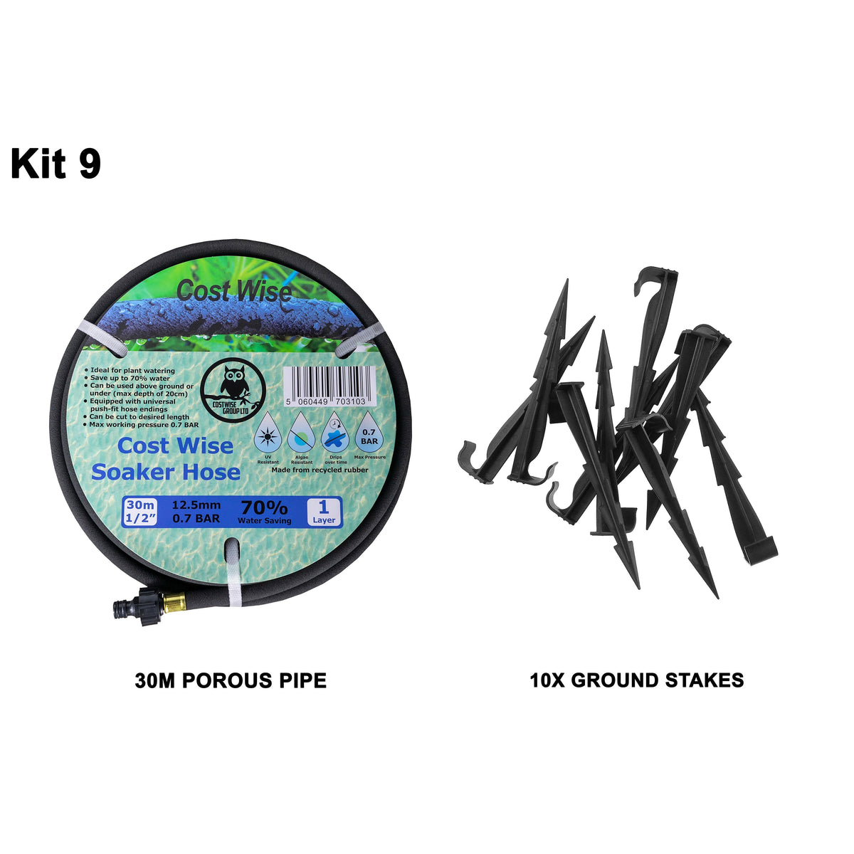 30m Soaker Hose with 10 Ground Stakes; supplied components shown.