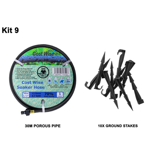 30m Soaker Hose with 10 Ground Stakes; supplied components shown.