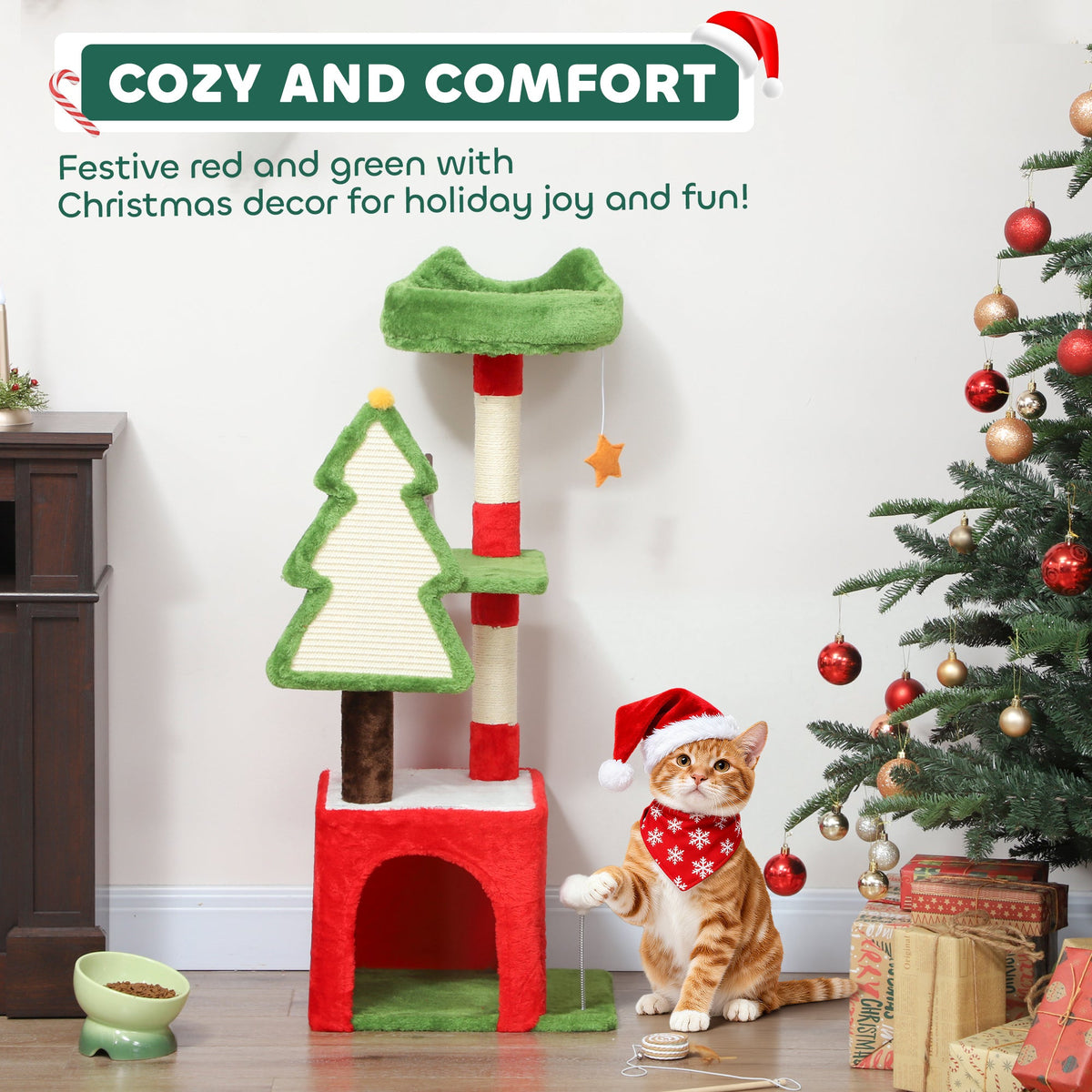 PawHut Christmas Cat Tree, 120cm Tower with Scratching Post & Board