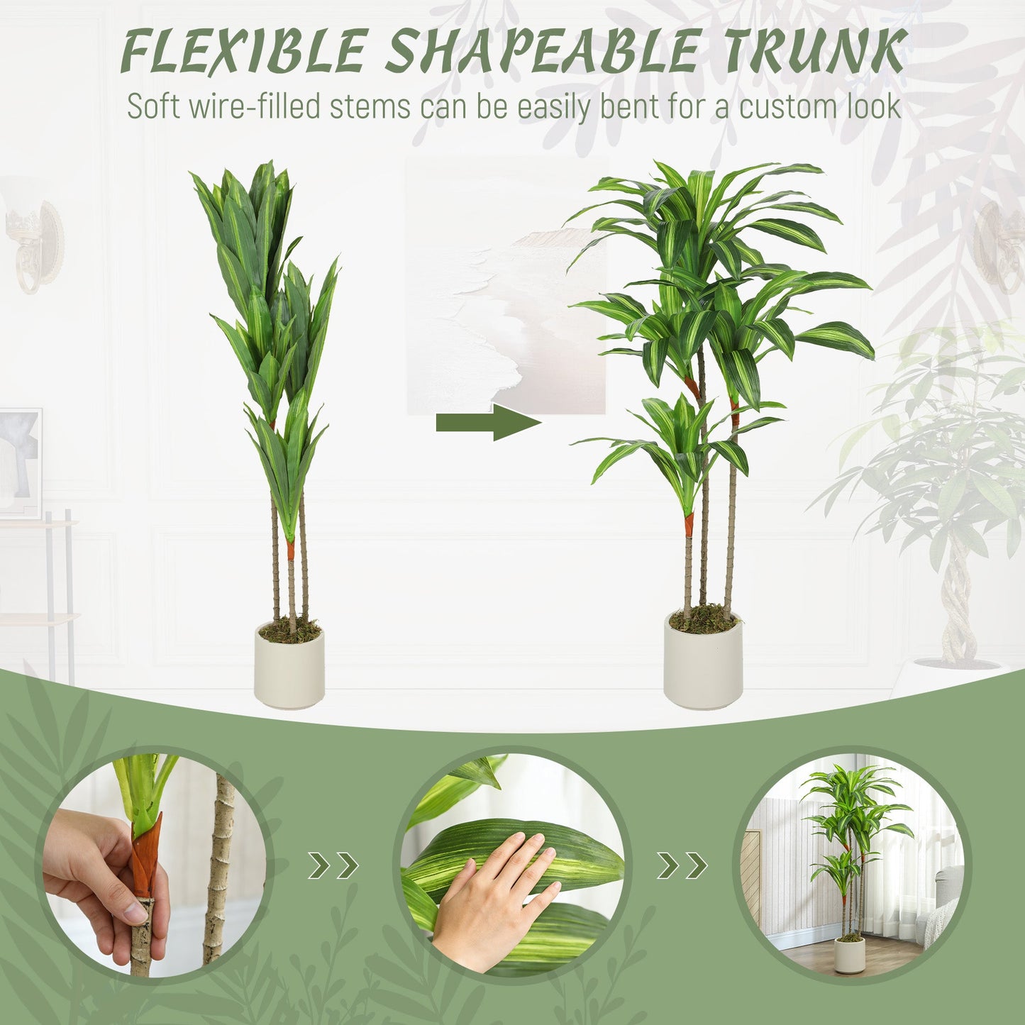 Artificial Dracaena Tree with Bendable Trunks, Green 120cm