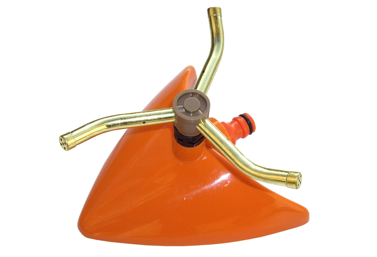 3-Arm Rotating Sprinkler – Brass Arms & Orange Leaf Base