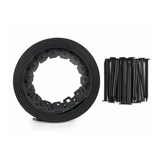 Black Easy Border lawn edging roll, 10m long and100mm high, with fixing pegs.