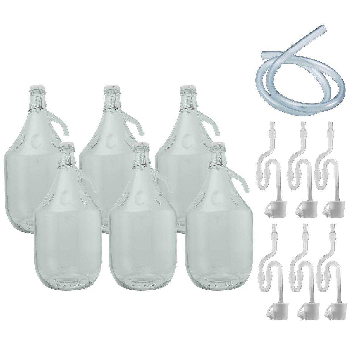 6 × 5L Glass Demijohns – Swing Tops & Airlocks & Syphon Tube