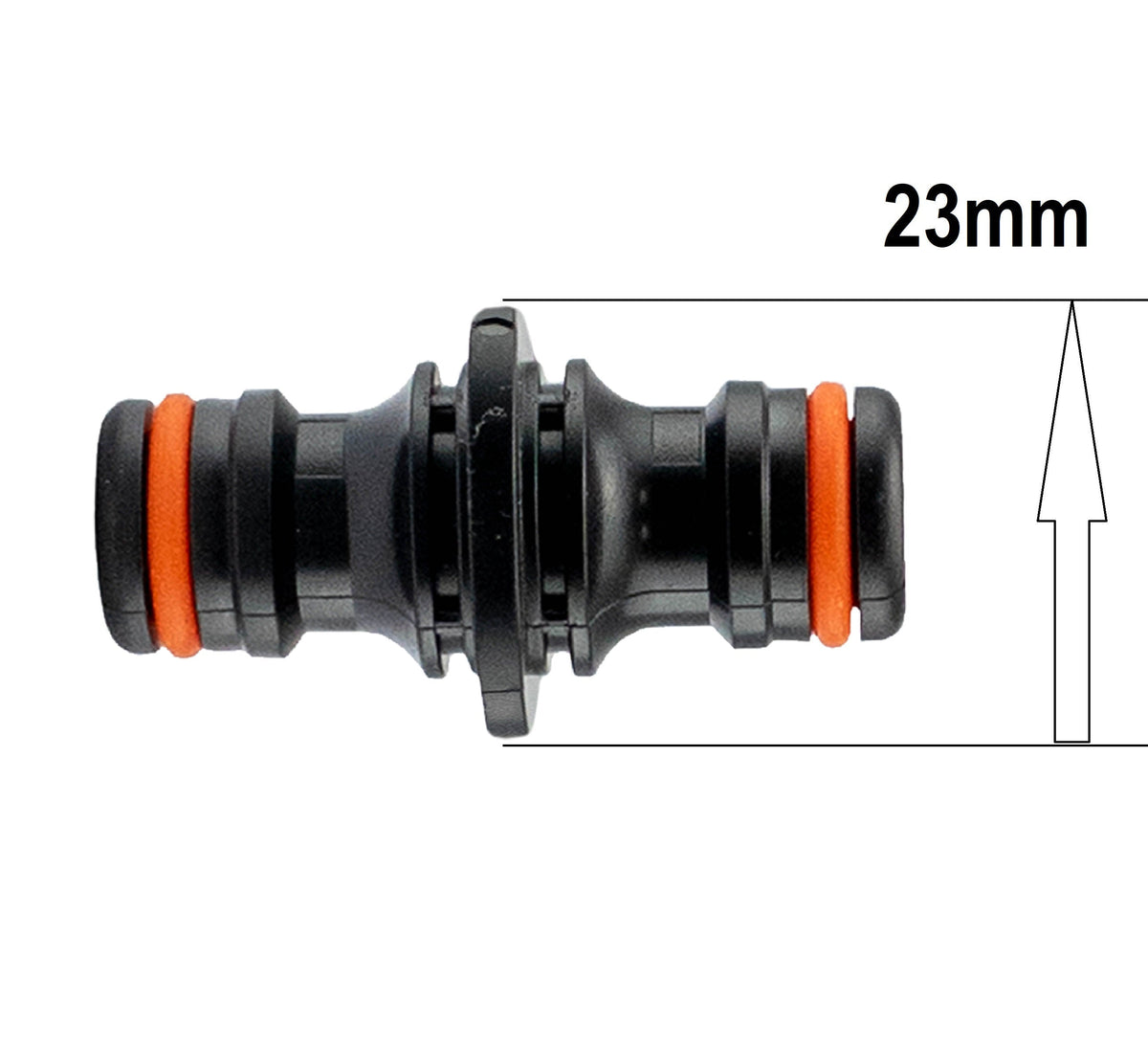 Black/Orange Double-Male Quick Hose Joiner – Slim Profile; supplied product design shown.