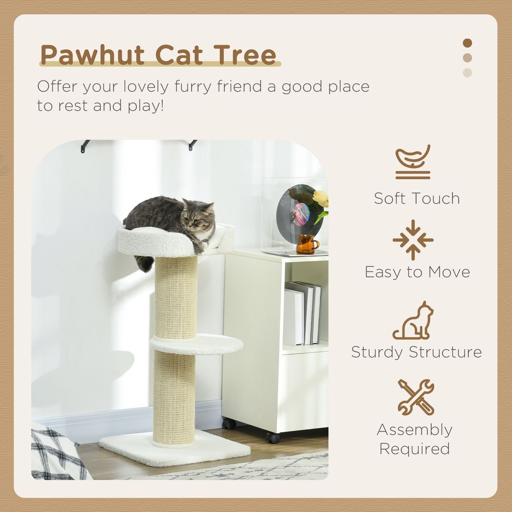 PawHut 2 Tier Cat Tree, Basket Cushion & Sisal Post - Cream White