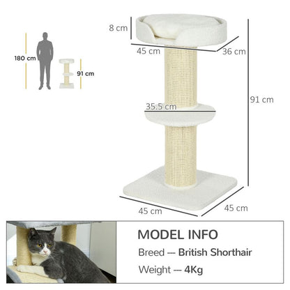 PawHut 2 Tier Cat Tree, Basket Cushion & Sisal Post - Cream White