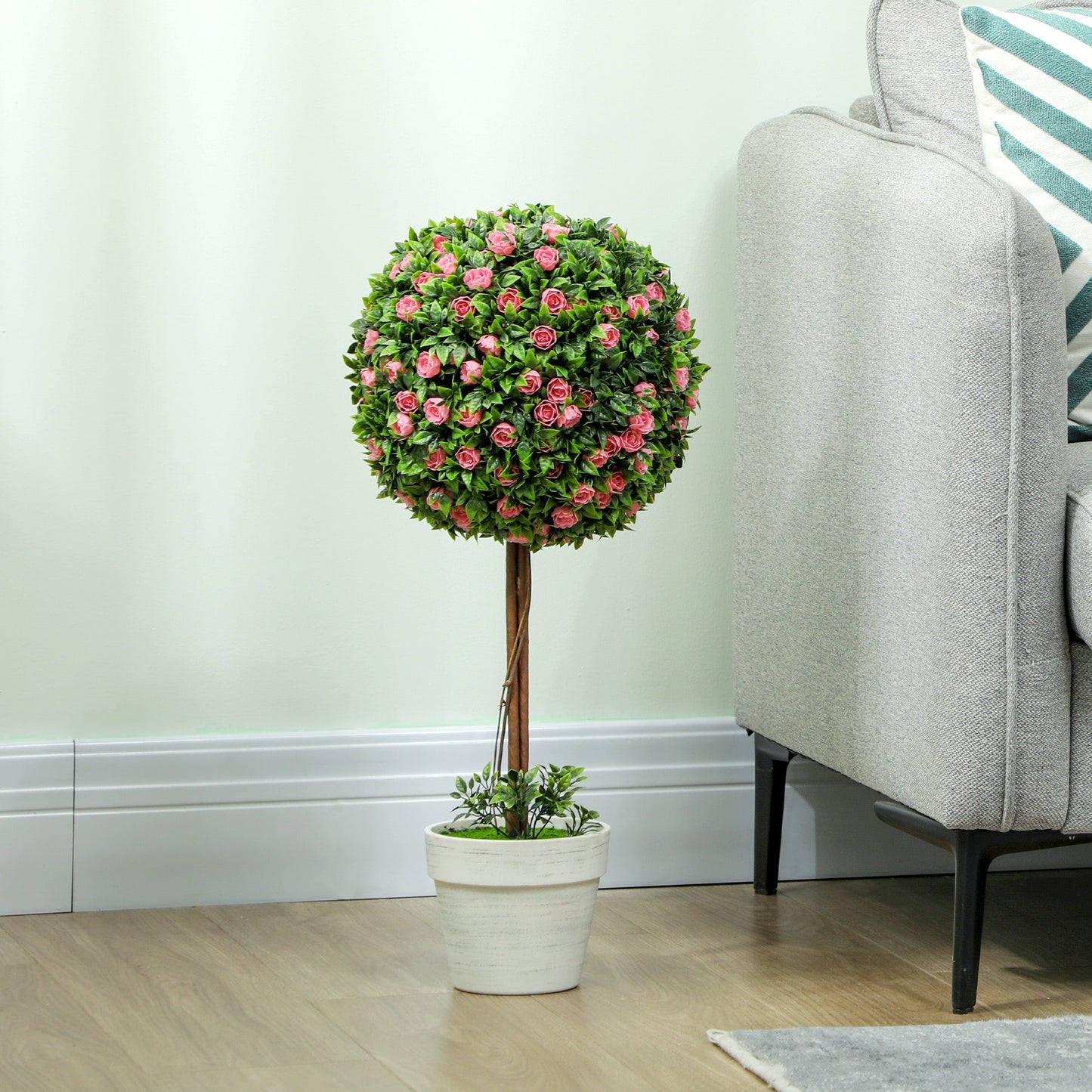 Set of 2 Artificial Plants Ball Topiary Tree with Rose Flower in Pot, 60cm, Pink