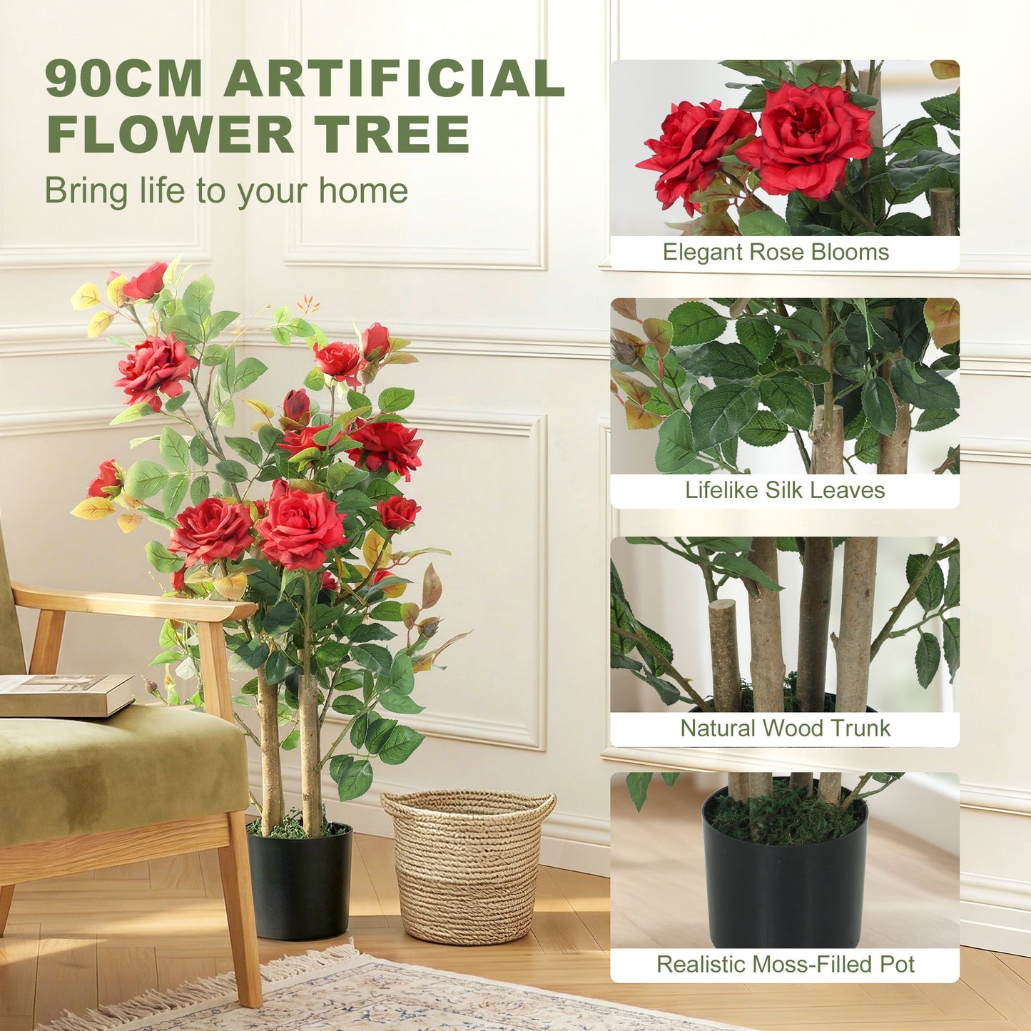 Artificial Rose Tree Set of 2, Red 90cm