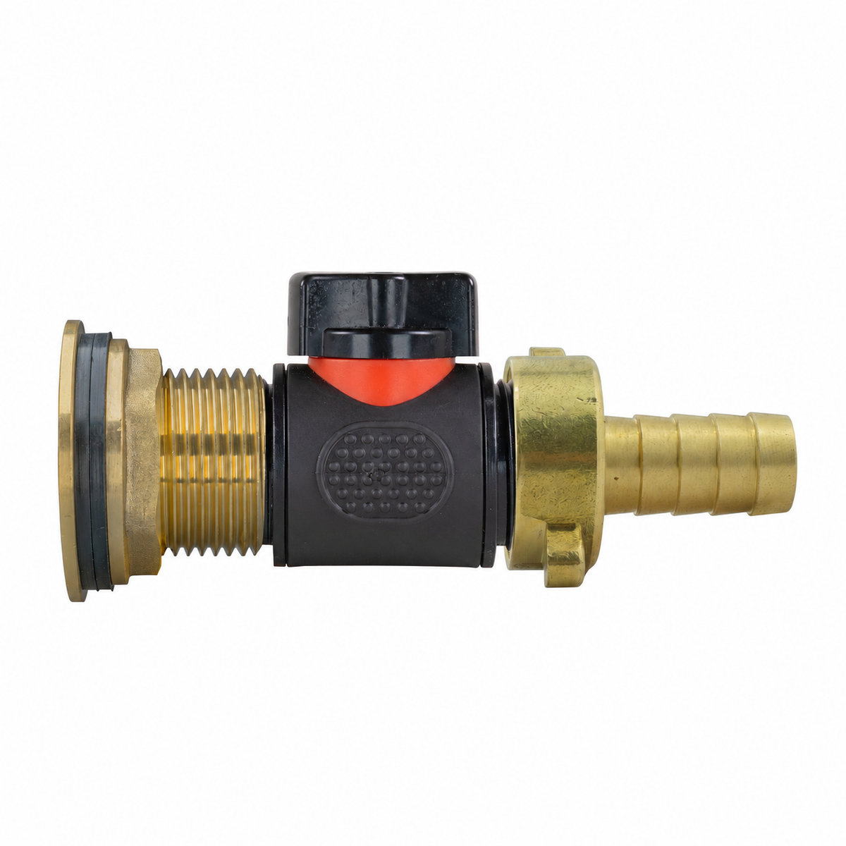 Brass tank connector, manual inline valve and13mm hose tail; actual hardware shown without size overlay.
