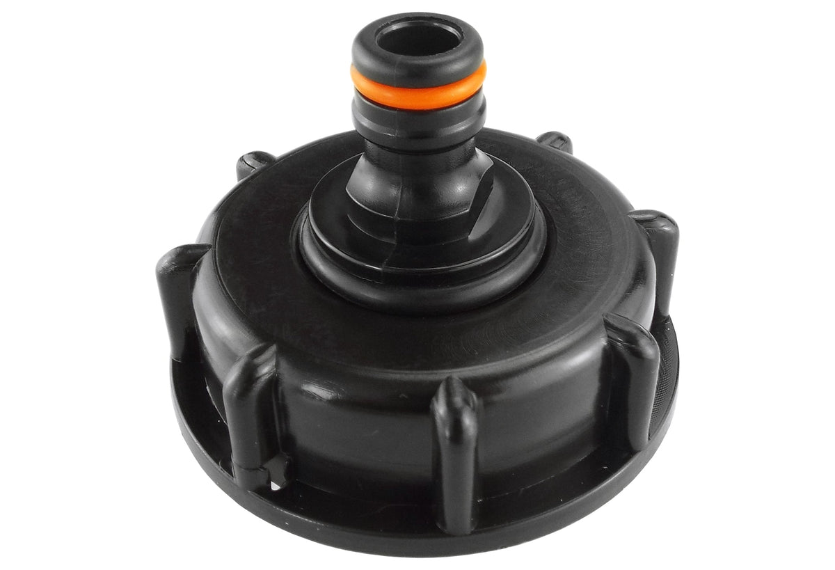 IBC S60X6 Cap with Black Male Quick-Connect Outlet; supplied fittings shown.