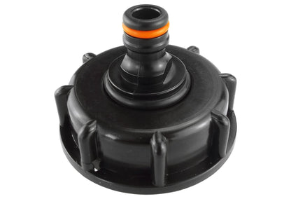 IBC S60X6 Cap with Black Male Quick-Connect Outlet; supplied fittings shown.