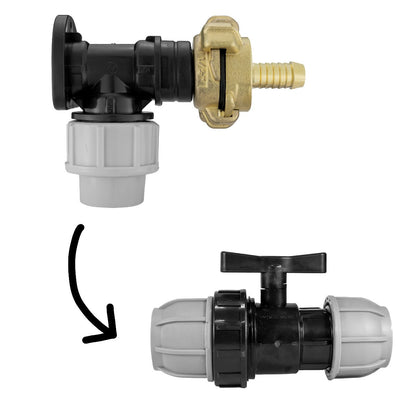 Black/grey 20mm MDPE wall-flange kit with 13mm claw hose tail & separate valve.