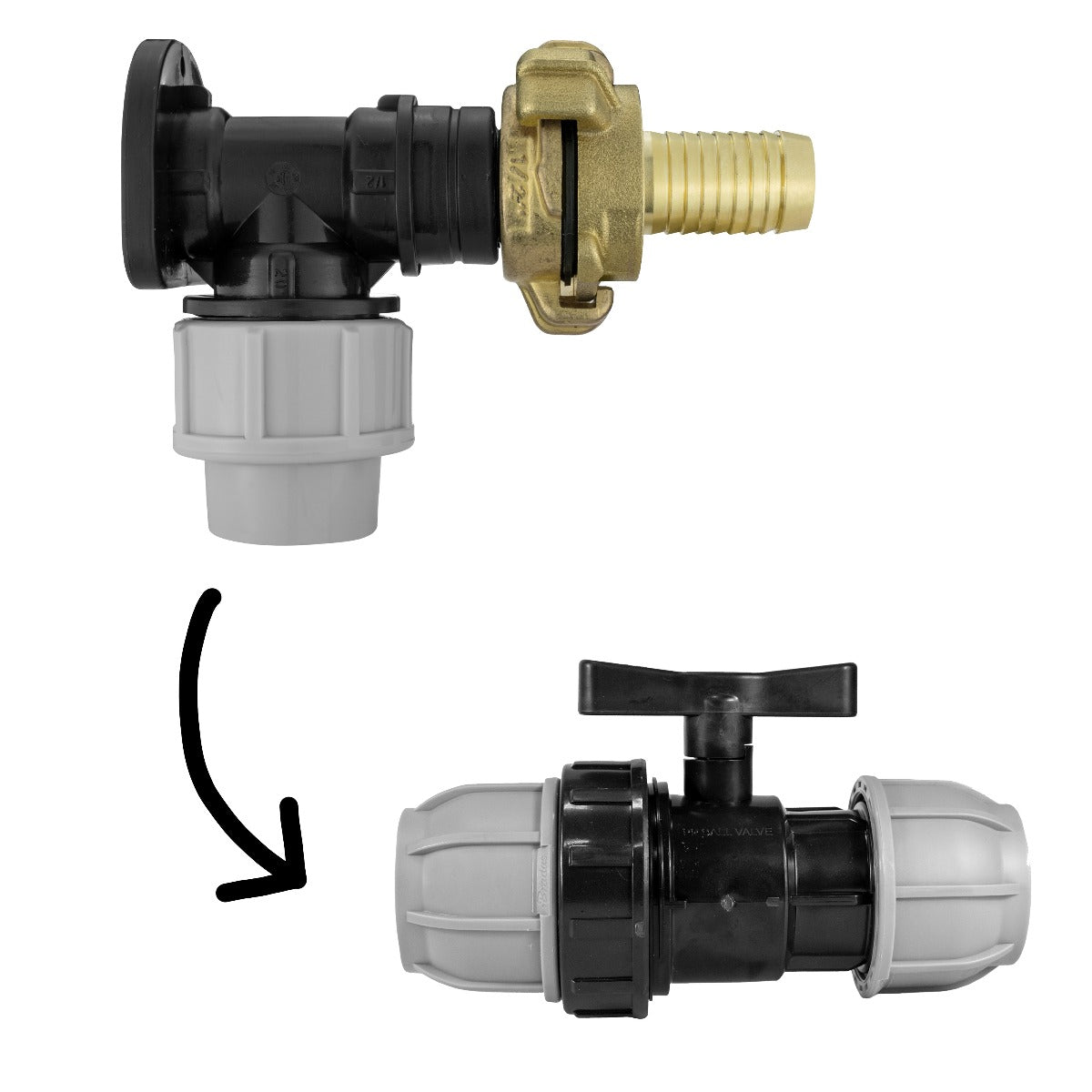Black/grey 20mm MDPE wall-flange kit with 19mm claw hose tail & separate valve.