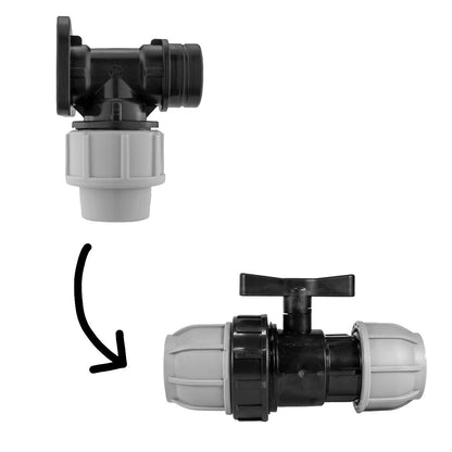 Black/grey 20mm MDPE wall-flange kit with separate 20mm mdpe valve.