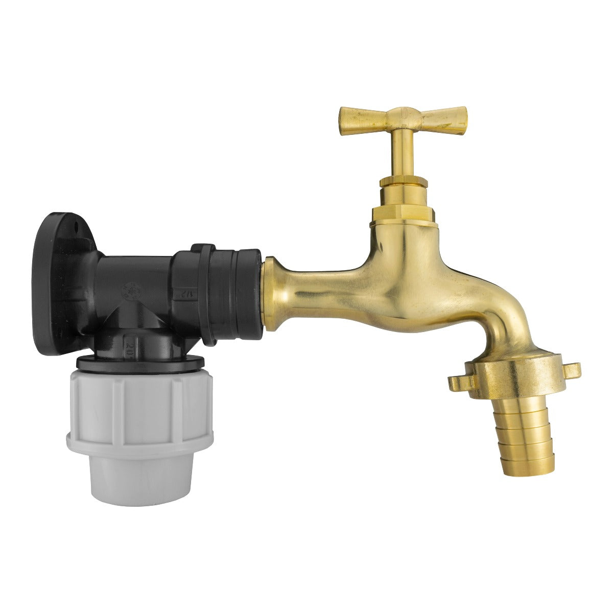 Black/grey 20mm MDPE wall-flange kit with polished brass tap, 15mm hose barb.