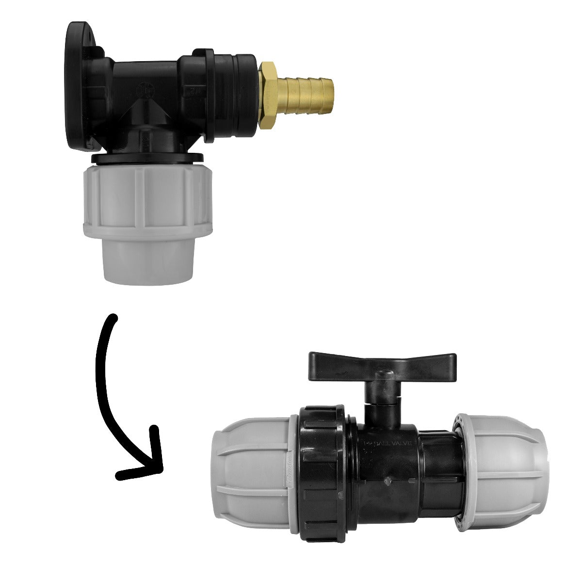 Black/grey 20mm MDPE wall-flange kit with 13mm brass barb & separate valve.