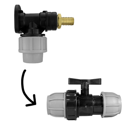 Black/grey 20mm MDPE wall-flange kit with 13mm brass barb & separate valve.