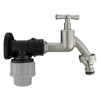 Black/grey 20mm MDPE wall-flange kit with nickel-plated tap & snap-on outlet.