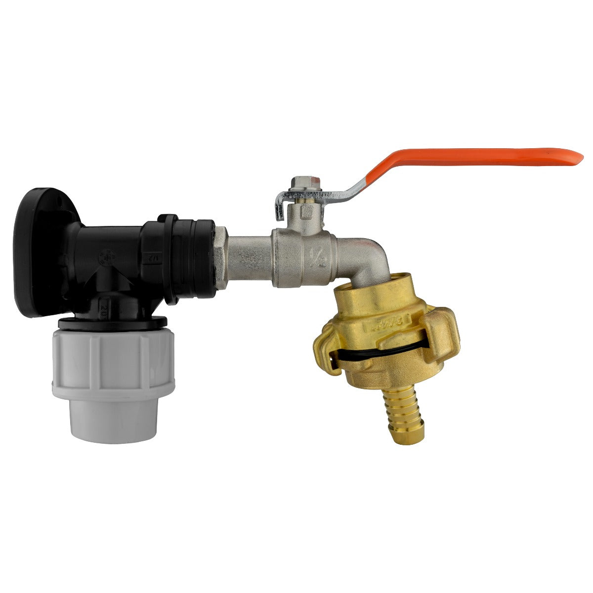 Black/grey 20mm MDPE wall-flange kit with lever tap & 13mm claw hose tail.