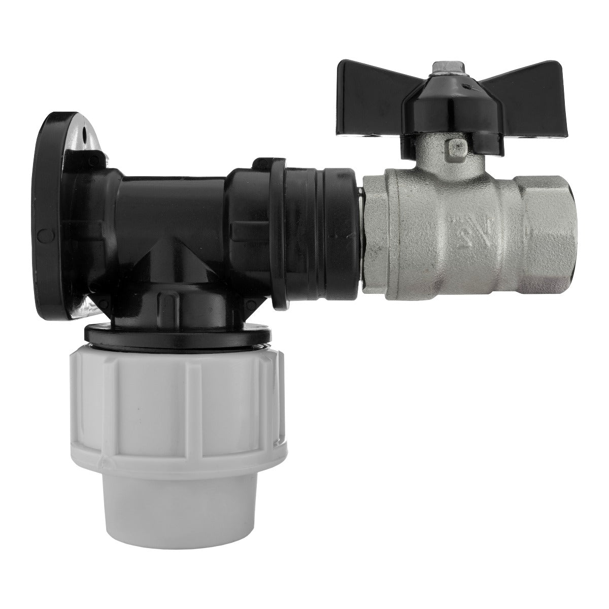 Black/grey 20mm MDPE wall-flange kit with brass butterfly valve.