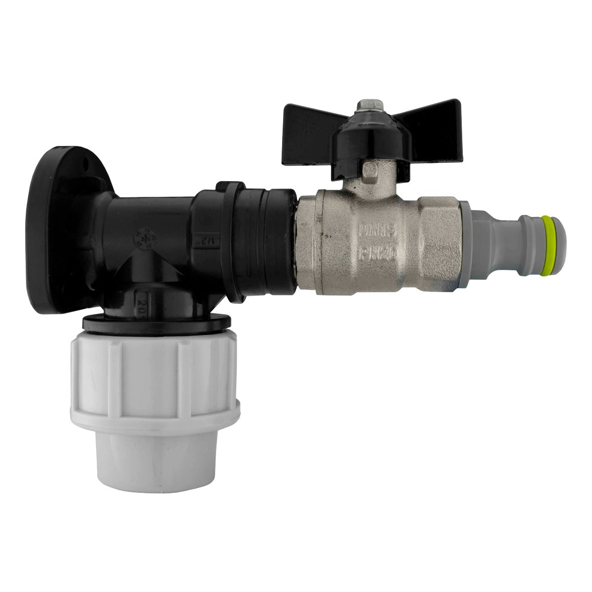Black/grey 20mm MDPE wall-flange kit with butterfly valve & lime plug.