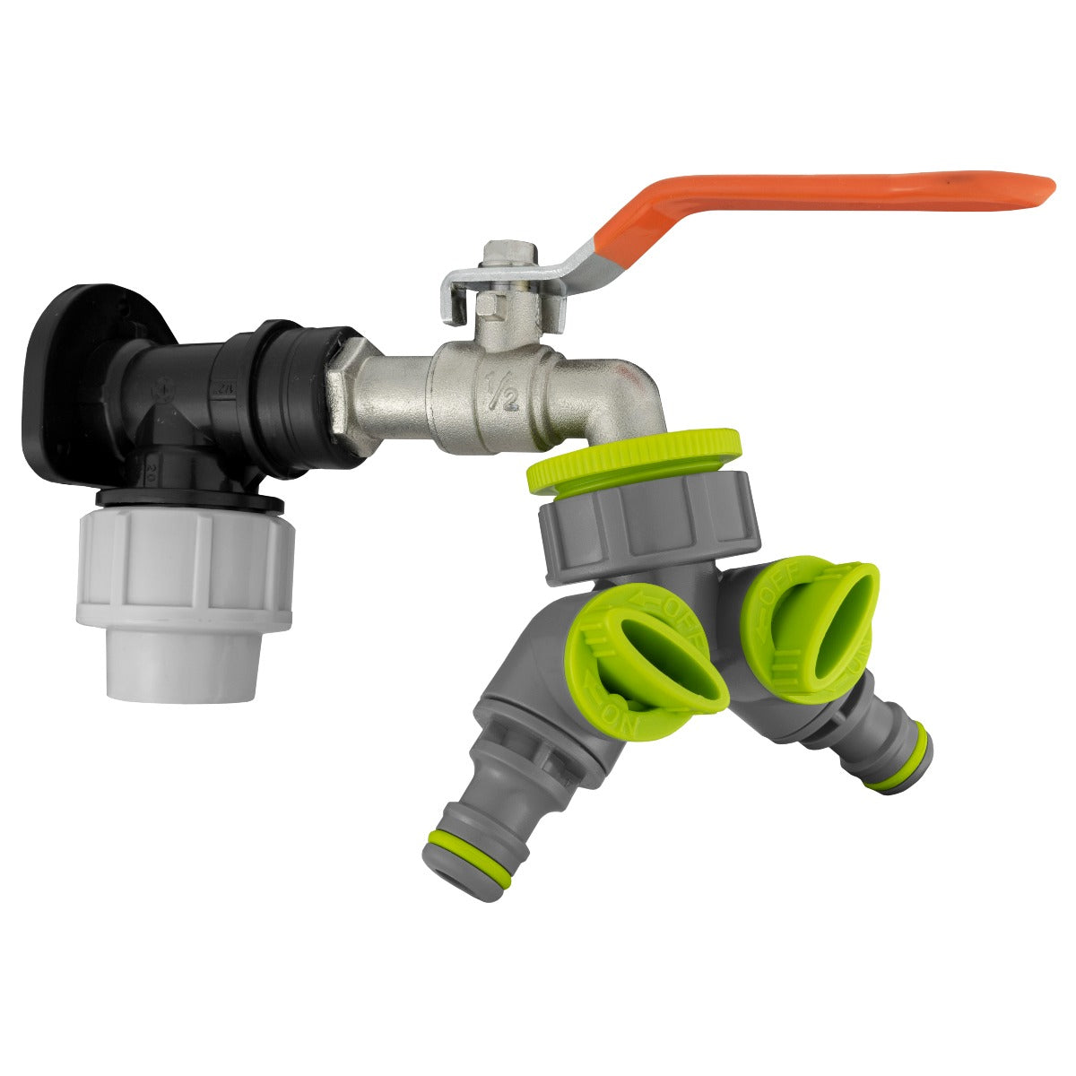 Black/grey 20mm MDPE wall-flange kit with lever tap & two-way splitter.