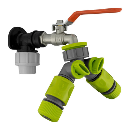 Black/grey 20mm MDPE wall-flange kit with lever tap, splitter & hose couplings.
