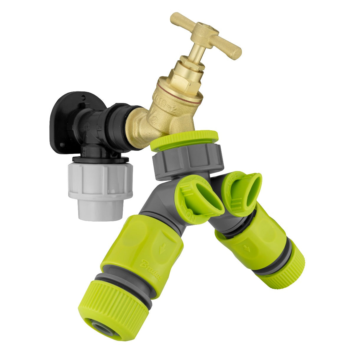 Black/grey 20mm MDPE wall-flange kit with brass tap, splitter & hose couplings.