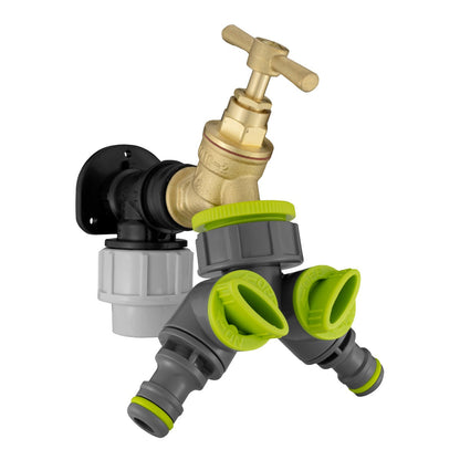 Black/grey 20mm MDPE wall-flange kit with brass tap & two-way splitter.