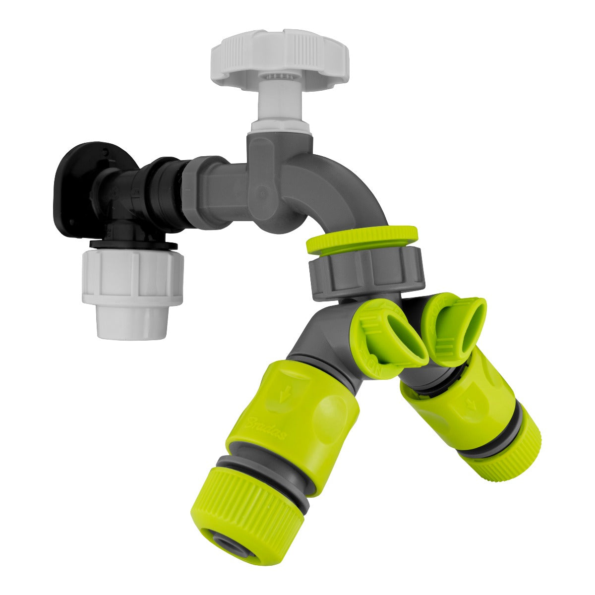 Black/grey 20mm MDPE wall-flange kit with dial tap, splitter & hose couplings.