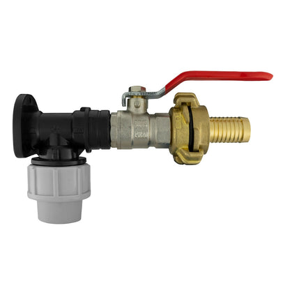 Black/grey 20mm MDPE wall-flange kit with lever valve & 19mm claw hose tail.