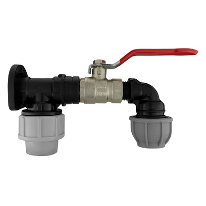 Black/grey 20mm MDPE wall-flange kit with lever valve & 20mm mdpe elbow.