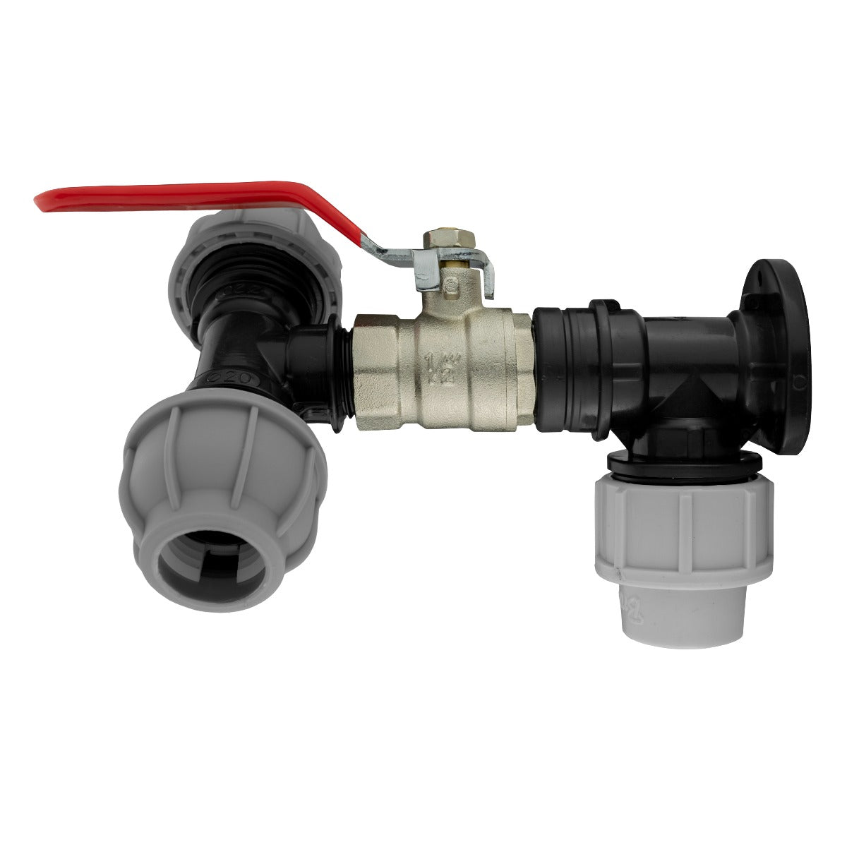 Black/grey 20mm MDPE wall-flange kit with lever valve & 20mm mdpe tee.