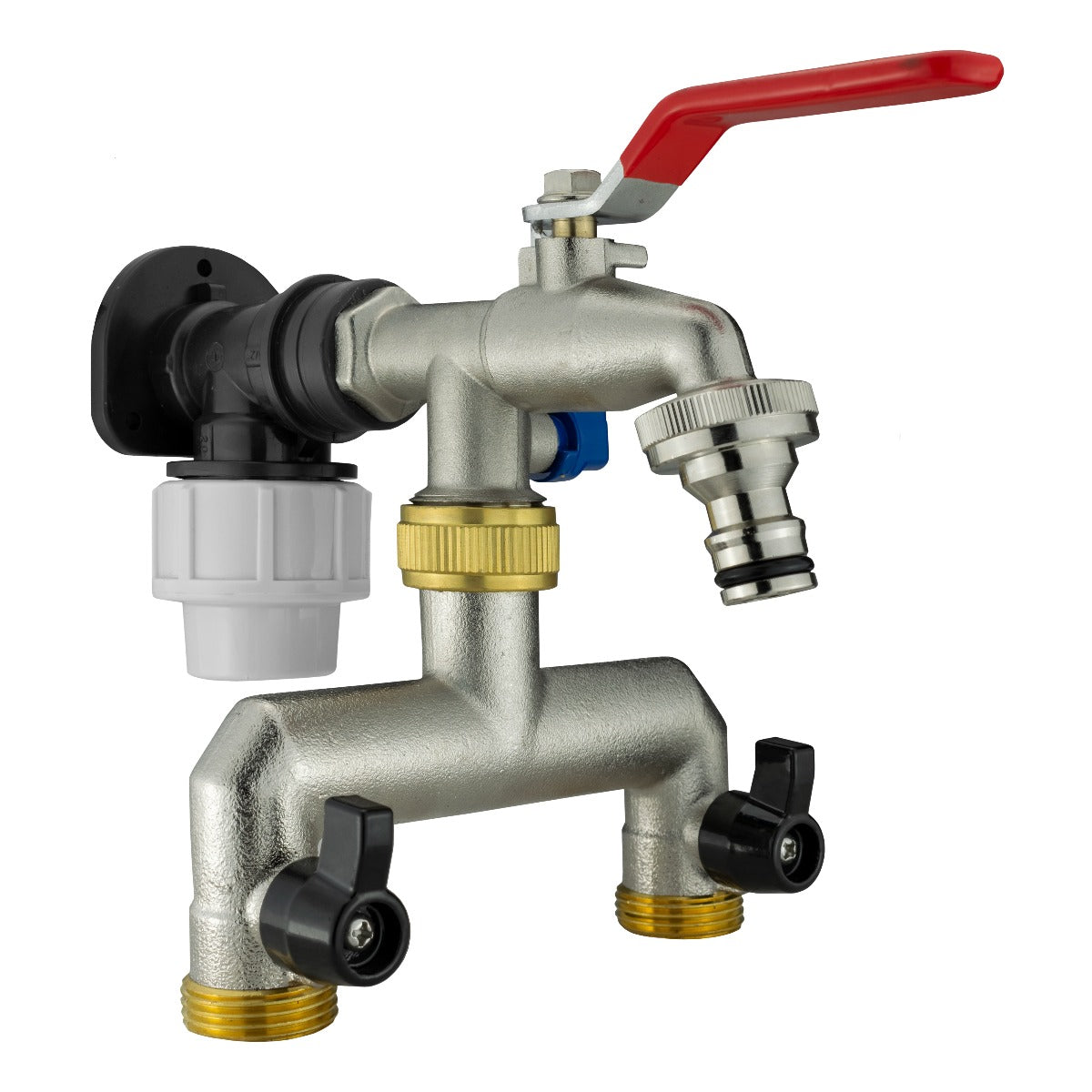 Black/grey 20mm MDPE wall-flange kit with double tap & brass h-splitter.
