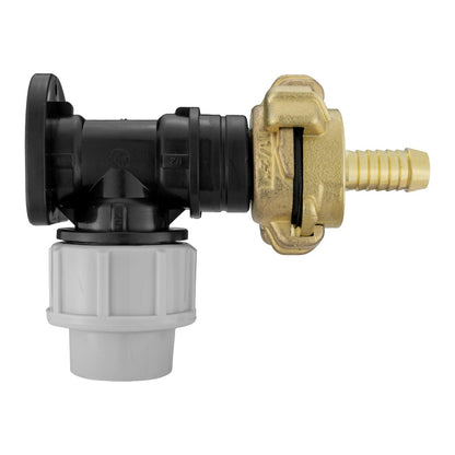 Black/grey 20mm MDPE wall-flange kit with 13mm claw-coupling hose tail.