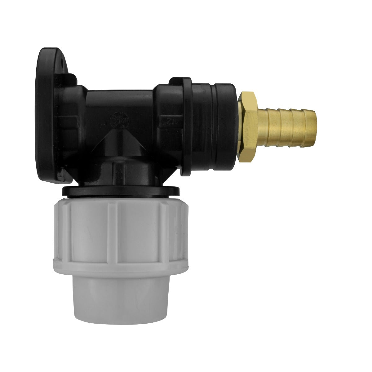 Black/grey 20mm MDPE wall-flange kit with 13mm brass hose barb.