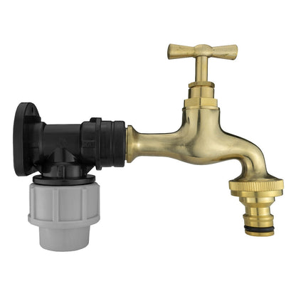 Black/grey 20mm MDPE wall-flange kit with polished brass tap & snap-on outlet.